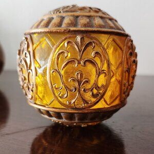 Vintage Amber Glass Orb: Gold Filigree Hollywood Regency Decor